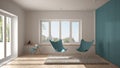 White and blue minimal living room with armchair carpet, parquet floor and panoramic window, scandinavian architecture Royalty Free Stock Photo