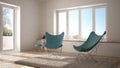 White and blue minimal living room with armchair carpet, parquet floor and panoramic window, scandinavian architecture Royalty Free Stock Photo
