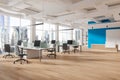 White and blue open space office corner with reception Royalty Free Stock Photo