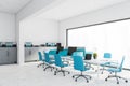 White and blue panoramic open space office corner Royalty Free Stock Photo