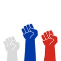 White, blue and red protest fists. Rised hands. Flat vector illustration isolated on white