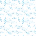 White and blue seamless pattern with wavy music notes - vector