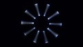 White and blue shining stripes of light rotating around black circles on black background. Animation. Neon blades