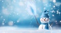 White and Blue Snowman with Broom in Bokeh Panorama