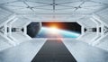 White blue spaceship futuristic interior with window view on planet Earth 3d rendering