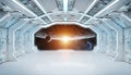 White blue spaceship futuristic interior with window view on planet Earth 3d rendering