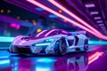 A white and blue sports car is parked on a reflective surface, showcasing its sleek design, A pearl white sports car with Royalty Free Stock Photo