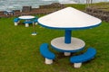 white and blue stone table and benches from the picnic area on the island of flowers of the Azores archipelago