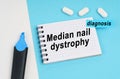 On a white and blue surface are pills, a marker and a notebook with the inscription - Median nail dystrophy