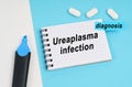 On a white and blue surface are pills, a marker and a notebook with the inscription - Ureaplasma infection