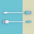 White and blue usb connection cables on a flat lay style