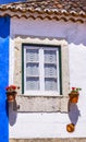 White Blue Wall Flowers Street Mediieval City Obidos Portugal Royalty Free Stock Photo
