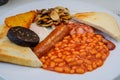 White board with full English breakfast with bacon, fried egg, beans, tomato, roasted sausage, black pudding, scons, hash browns Royalty Free Stock Photo