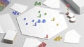 White board game field with chips, dice and cards mockup