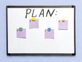 White board with a plan and colored sheets of paper for notes, on a light wall Royalty Free Stock Photo