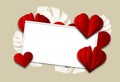 White board with red hearts looks like paper with white giant exotic leafs on beige background