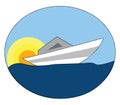 White boat on blue water with a yellow and orange sun in the background vector illustration Royalty Free Stock Photo