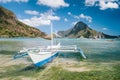 White boat in El Nido bay and Cadlao island, Palawan, Philippines Royalty Free Stock Photo