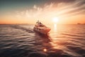 a white boat in the middle of the ocean at sunset Royalty Free Stock Photo