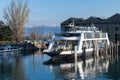 White boat moored in the tranquil waters of a Bodensee lake, in Switzerland