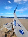 Summer holiday , White boat\'s sail on sandy beach Alepu , Bulgaria