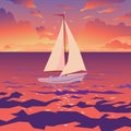 White boat with sail and red flag. Sunset on tropical ocean. Vector. Royalty Free Stock Photo