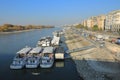 Boats anchoring on Danube bank in Budapest