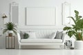 White Boho Living Room Interior, Mockup Photo Frame, The White Couch Near Empty White Wall - Generative AI Royalty Free Stock Photo