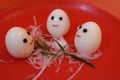 White boiled eggs decorated with ricer chilli and reddish