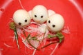 White boiled eggs decorated with ricer chilli and reddish