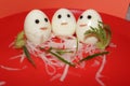 White boiled eggs decorated with ricer chilli and reddish