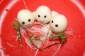 White boiled eggs decorated with ricer chilli and reddish