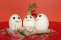 White boiled eggs decorated with ricer chilli and reddish