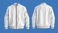 White bomber jacket mockup presented front, back views on solid blue background. Modern design, casual attire style. Fashionable Royalty Free Stock Photo