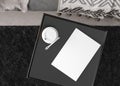 White book cover mock up on black table. Blank template for your design. Top view, close-up. Book, catalogue, magazin Royalty Free Stock Photo