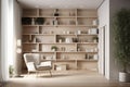 White bookshelves with an accent wall with chair , concept of Interior Design, created with Generative AI technology