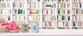 White Bookshelves in the library with ABC Letters on wooden table 3d render