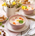 Polish Easter soup, white borscht with the addition of white sausage and a hard boiled egg. Traditional Easter dish in Poland Royalty Free Stock Photo