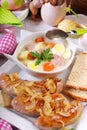 White borscht and roasted sausage on easter table Royalty Free Stock Photo