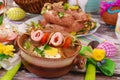 White borscht with rolled ham on skewer for easter Royalty Free Stock Photo