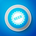 White Bottle cap with beer word icon isolated on blue background. Circle blue button with white line. Vector Royalty Free Stock Photo