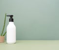 A white bottle of cream, shampoo with a black dispenser and an aloe vera flower on an earthy green background.