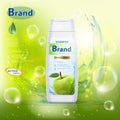 White bottle with hair shampoo and green apple