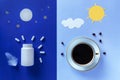 White bottle, pills, moon and coffee cup on blue background. Concept Insomnia, full moon time, sleep problems, soporific.