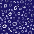 White Bottle of shampoo icon isolated seamless pattern on blue background. Vector Royalty Free Stock Photo