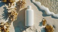 a white bottle is sitting on a sandy beach next to seaweed and coral Royalty Free Stock Photo