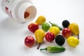 White bottle vitamins closeup table background closeup fruits vegetables healthy lifestyle