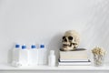 White bottles with blue dispenser with shampoo, conditioner, cream and liquid soap stand on a shelf in the bathroom. Skull on Royalty Free Stock Photo