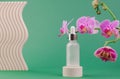 White bottles with essential oils or serum with orchid flowers on a green background Royalty Free Stock Photo
