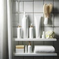 white bottles and tubes with cosmetics on white shelf in the shower stall Royalty Free Stock Photo